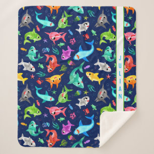 Cobertor Sherpa Família de Shark Watercolor Personalizada Adorabl