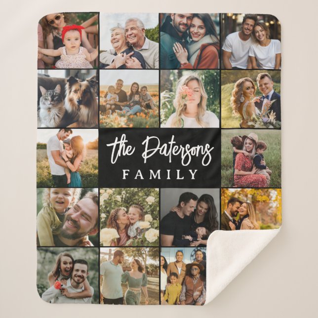 Cobertor Sherpa Family Name 18 Photo Collage Modern Elegant Black (Frente)