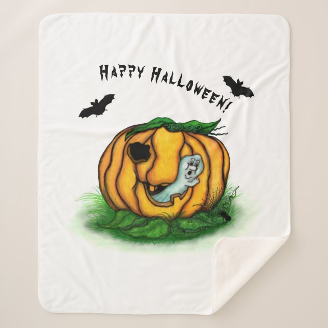 Cobertor Sherpa Fantasma do Halloween, Bat, Ghost e Spider (Frente)