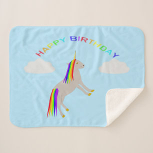 Cobertor Sherpa Fantasy Birthday Unicorn Rainbow and Clouds