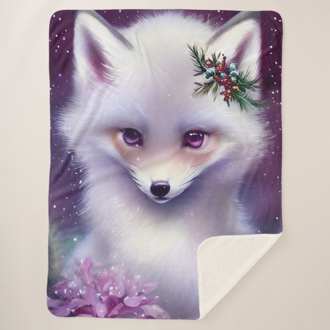 Cobertor Sherpa Fantasy White Baby Fox com Olhos Lavandas (Frente)