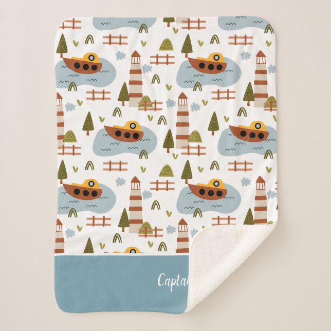 Cobertor Sherpa Farol Náutico Cinto e Padrão para Crianças de Barc (Frente)