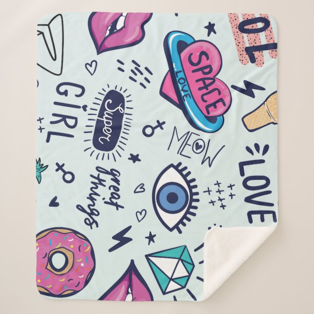 Cobertor Sherpa Fashion Patch: Pop Art Stickers. (Frente)