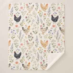 Cobertor Sherpa Fazenda de Jardim Country com Galinhas e Flores Si