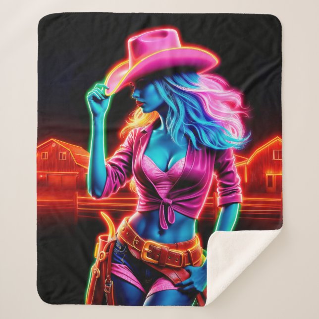 Cobertor Sherpa Fazenda de neon elétrica de chapéu rosa sob noite (Frente)