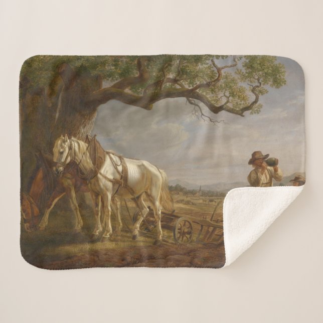 Cobertor Sherpa Fazendeiros Descansados em Campo com Cavalos e Flo (Frente (Horizontal))