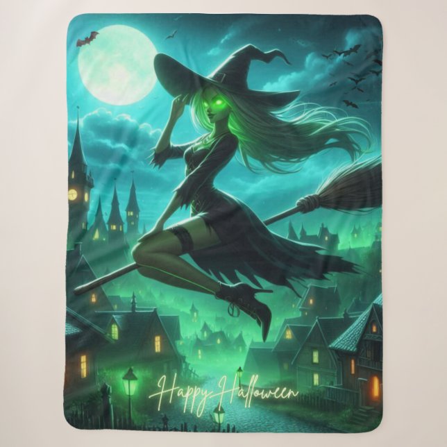 Cobertor Sherpa Feiticeira de Halloween verde-Spooky (Frente)