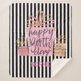 Cobertor Sherpa Feliz Aniversário Rosa, Presente, Black & White St