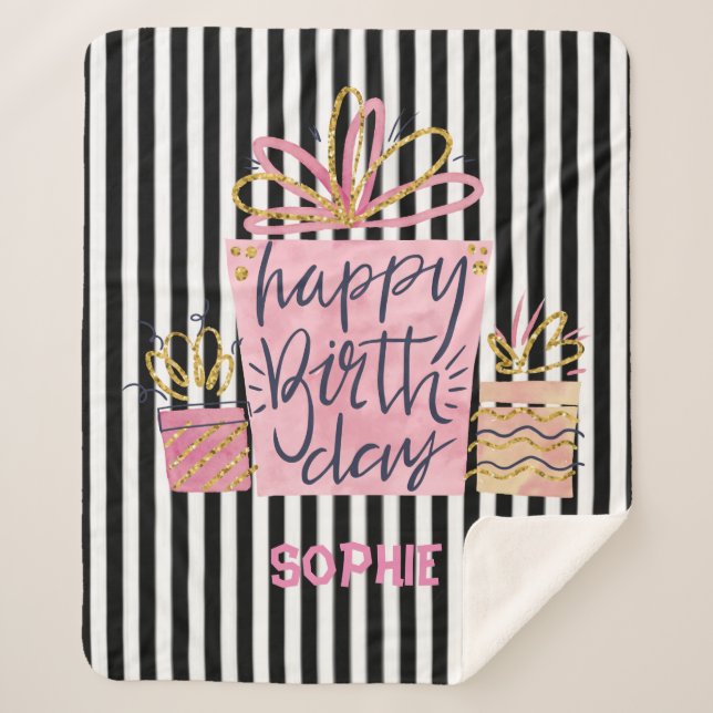Cobertor Sherpa Feliz Aniversário Rosa, Presente, Black & White St (Frente)