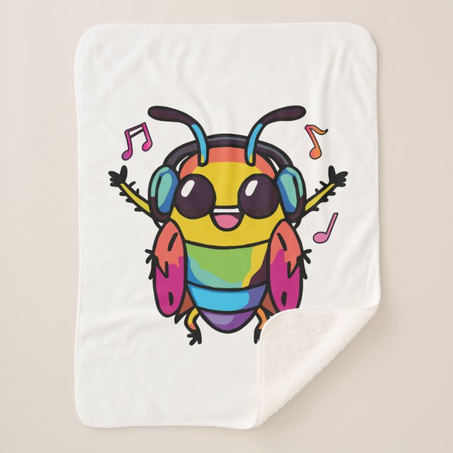 Cobertor Sherpa Feliz barata com fones de ouvido ouvindo música (Frente)