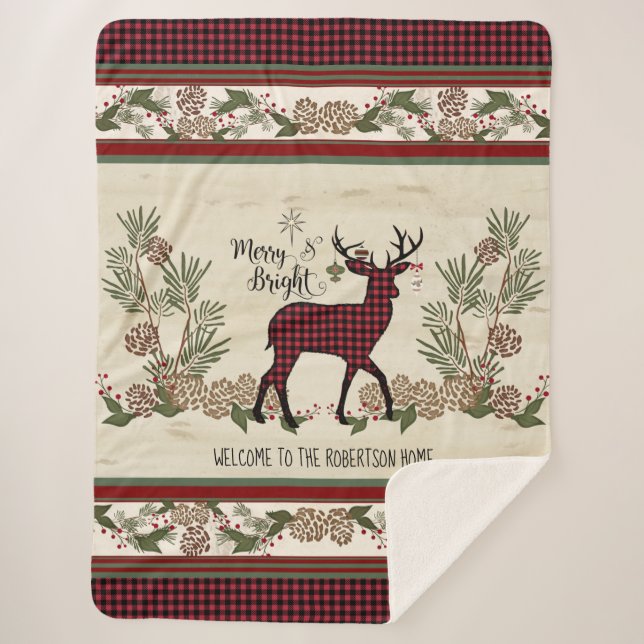Cobertor Sherpa Feliz de Natal Bright Deer Xadrez Buffalo (Frente)