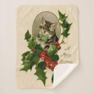 Cobertor Sherpa Feliz de Natal Holly Kitten Arte Antiquada