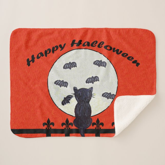 Cobertor Sherpa Feliz Halloween Black Fence Moon Bats Voadores (Frente (Horizontal))