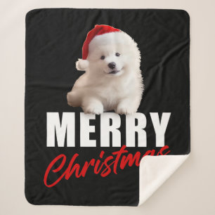 Cobertor Sherpa Feliz Natal Cachorro Samoyed Puppy com Papai Noel