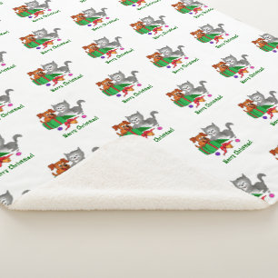 Cobertor Sherpa Feliz Natal com Cat e Puppy