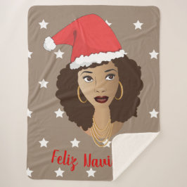 Cobertor Sherpa Feliz Navidad, Mulher Negra, Estrelas Brancas, Mar