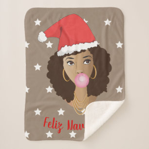 Cobertor Sherpa Feliz Navidad, Mulher Negra, Santa Hat, Bubblegum