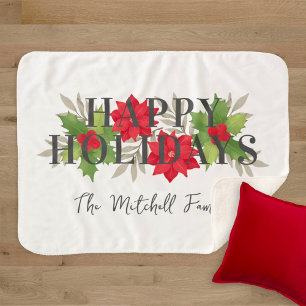 Cobertor Sherpa Feliz Poinsettia Branco de Natal Nome da Família