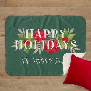 Cobertor Sherpa Feliz Poinsettia Natal Verde Nome da Família