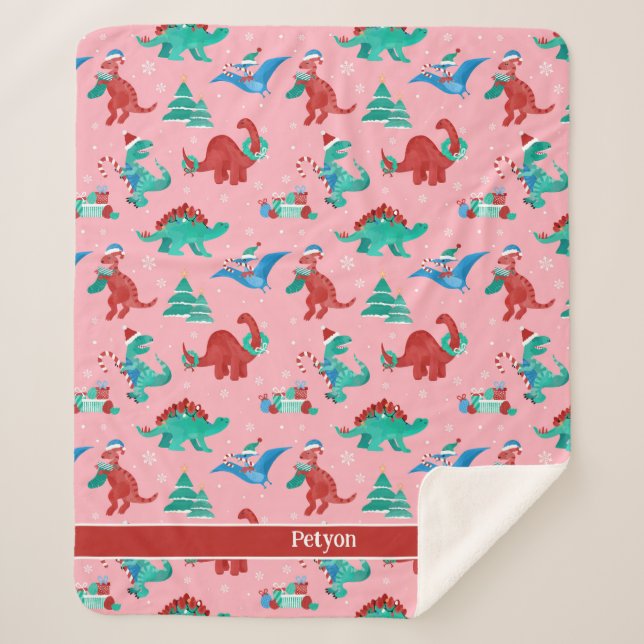 Cobertor Sherpa Feriado de Natal para Crianças Dinossauras Persona (Frente)