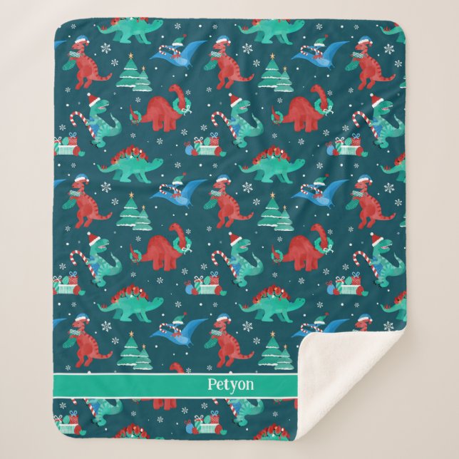 Cobertor Sherpa Feriado de Natal para Crianças Dinossauras Persona (Frente)