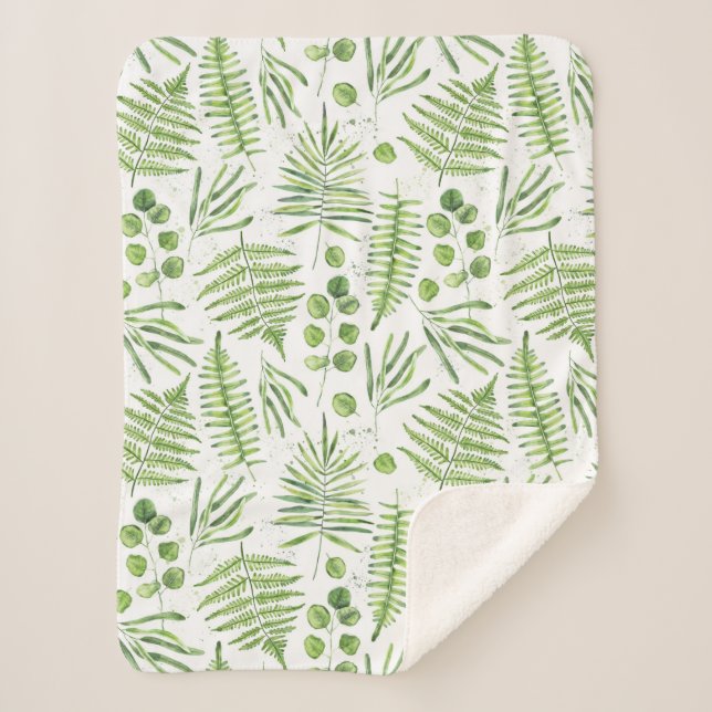 Cobertor Sherpa Ferns de Aquarela e Padrão de Eucalyptus (Frente)