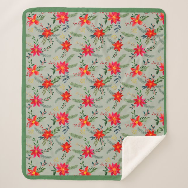 Cobertor Sherpa Festivo Red Poinsettia Natal Floral (Frente)