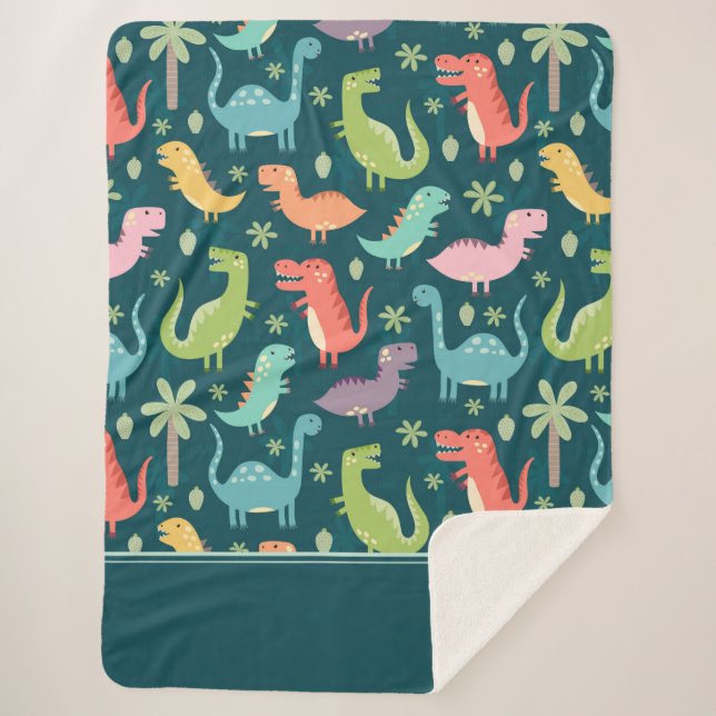 Cobertor Sherpa Filhinho Monograma Azul com Padrão Dinossauro (Frente)