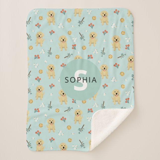 Cobertor Sherpa Filhos de Monograma de Ouro Azul-Cachorro de Retri (Frente)