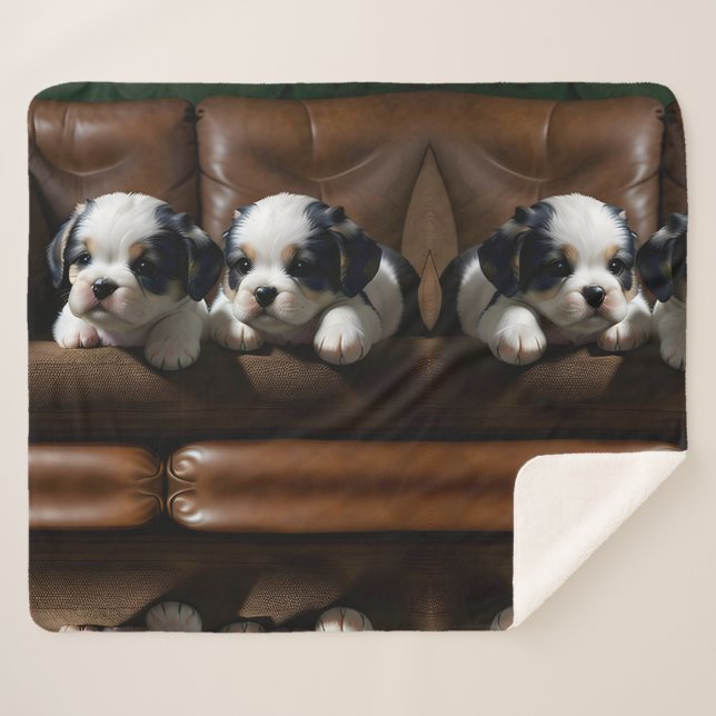 Cobertor Sherpa Filhotes Super Fofos no Sofá 1 (Frente (Horizontal))