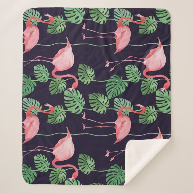 Cobertor Sherpa Flamingo Dark: Pequeno Padrão de Aquarela. (Frente)