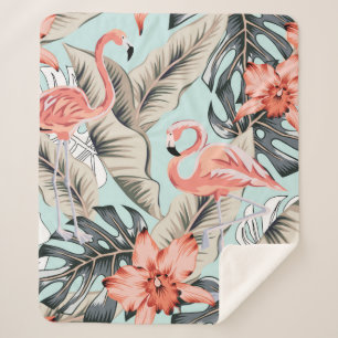 Cobertor Sherpa Flamingo rosa tropical com flores de orquídeas e 