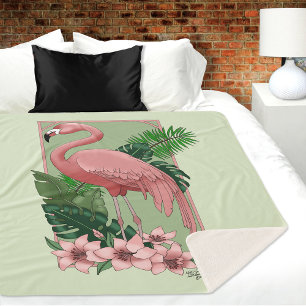 Cobertor Sherpa Flamingo Rosa Tropical Folhas de Palmeira Verde Lí