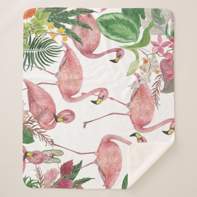 Cobertor Sherpa Flamingo Tropical Leaves Watercolor Patterno (Frente)