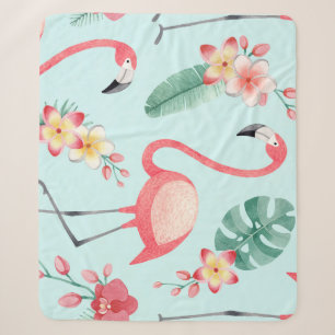 Cobertor Sherpa Flamingos Flores Tropicais Padrão de Aquarela