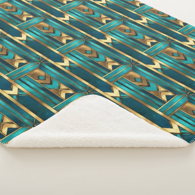 Cobertor Sherpa Flechas Geométricas Art Déco, Dourado e Turquesa (3/4)