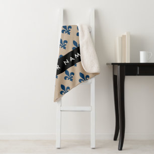 Cobertor Sherpa Fleur de Lis, Azul Marinho em Bege, Real, Seu Nome