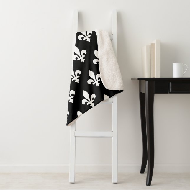 Cobertor Sherpa Fleur de Lis Pattern, Royal French, branco a preto (In Situ)