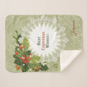 Cobertor Sherpa Floco de Neve Branco da Noite de Berries Verdes no