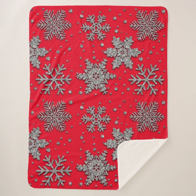 Cobertor Sherpa Flocos de neve com brilho prateado espumante (Frente)