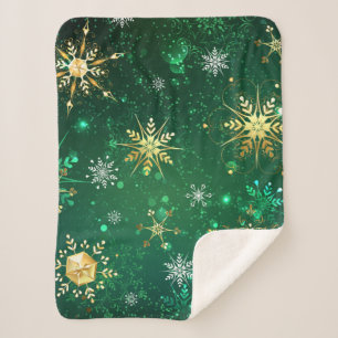 Cobertor Sherpa Flocos de neve do Ouro Xmas em fundo verde