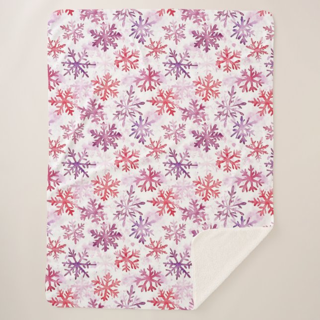 Cobertor Sherpa Flocos de Neve Vermelhos Roxos Natal (Frente)