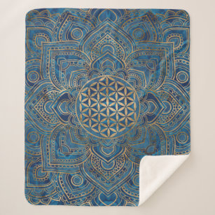 Cobertor Sherpa Flor da vida em Lotus - mármore azul e Dourado