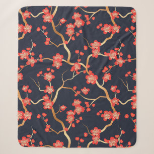 Cobertor Sherpa Flor de Ameixa Carmesim Dourado Bronze Azul Floral