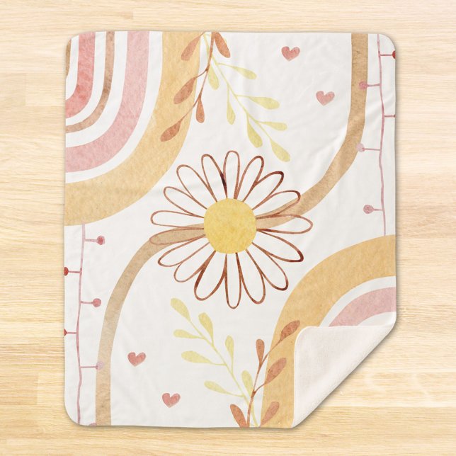 Cobertor Sherpa Flor de Botânica Abstrata em Aquarela e Arco-íris (In situ)