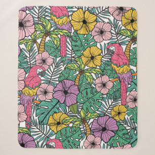 Cobertor Sherpa Flor de hibisco tropical com palma, papagaio e ex
