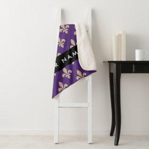 Cobertor Sherpa Flor de Lis, Bege sobre Roxo, Real, Seu Nome