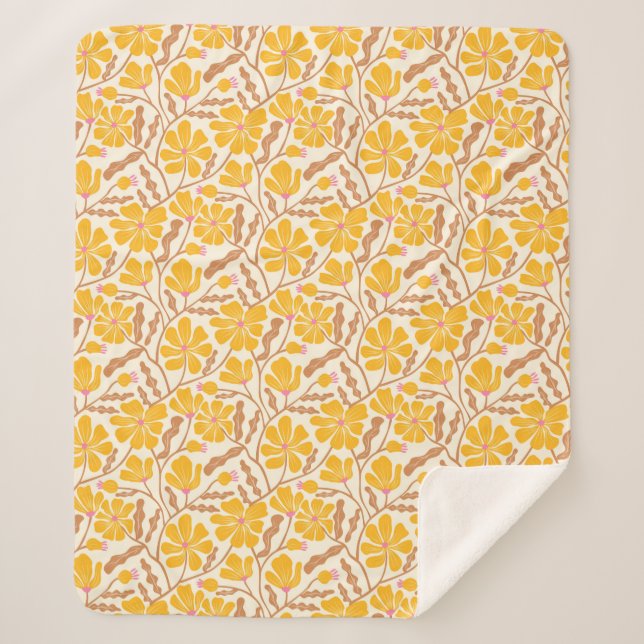 Cobertor Sherpa Flor Moderna do Meio século amarelo (Frente)