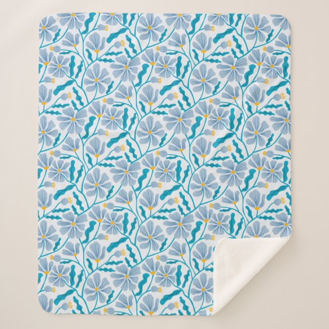 Cobertor Sherpa Flor Moderna do Meio século Azul (Frente)
