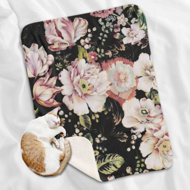 Cobertor Sherpa floração floral-esita-branca-branca-boêmica (bohemian chic blush pink flowers dark floral sherpa blanket)